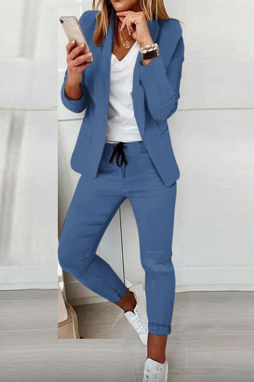 Women's casual cotton-blend blazer and elastic-waist trouser suit set in versatile style up to 3XL