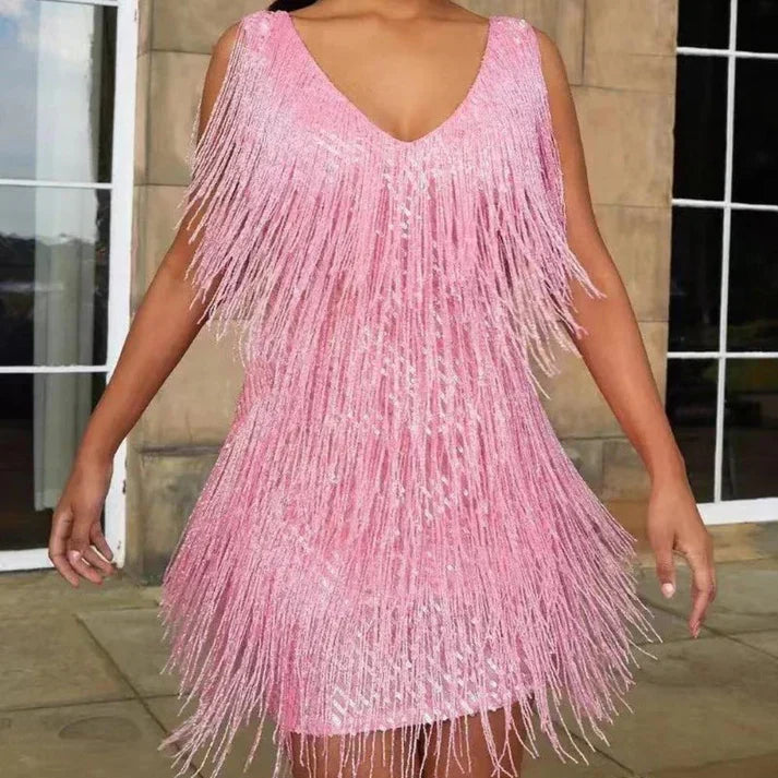 Black sequin fringe fitted mini cocktail dress V-neck sleeveless with reflective embellishments
