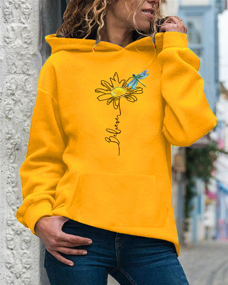 Women's relaxed-fit hooded sweatshirt in cotton blend with vibrant sunflower print long sleeve