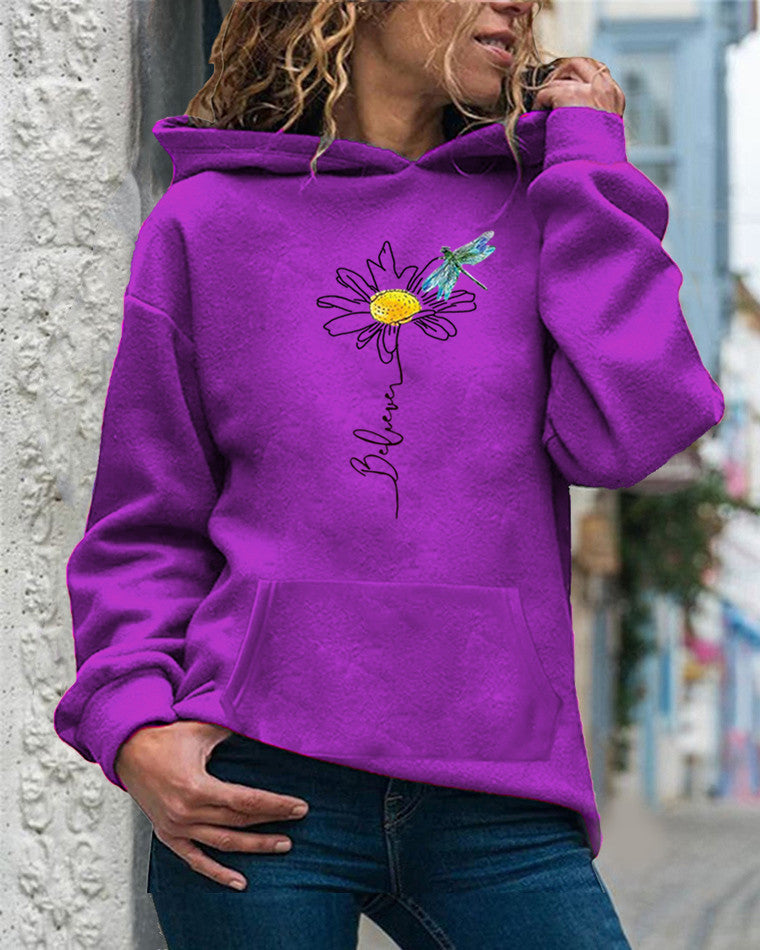 Women's relaxed fit hooded sweatshirt cotton blend long sleeve with vibrant sunflower print
