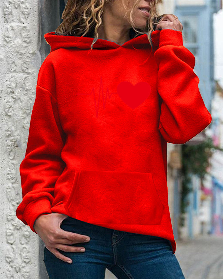 Women's relaxed-fit hooded sweatshirt in cozy cotton-blend fleece with subtle heart print detail