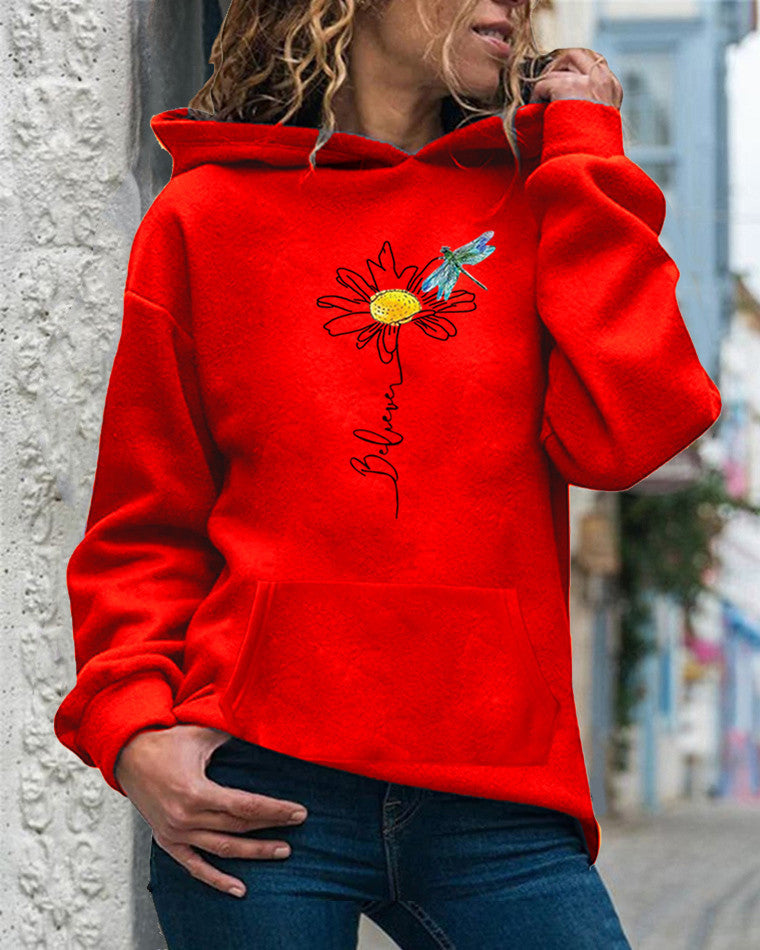 Women's relaxed fit hoodie sweatshirt with vibrant sunflower print, long sleeve cozy cotton blend