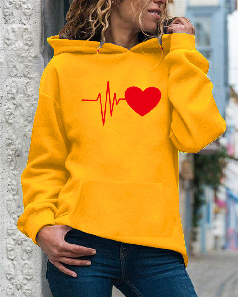 Women's relaxed-fit hooded sweatshirt in cozy cotton-blend fleece with heart print detail