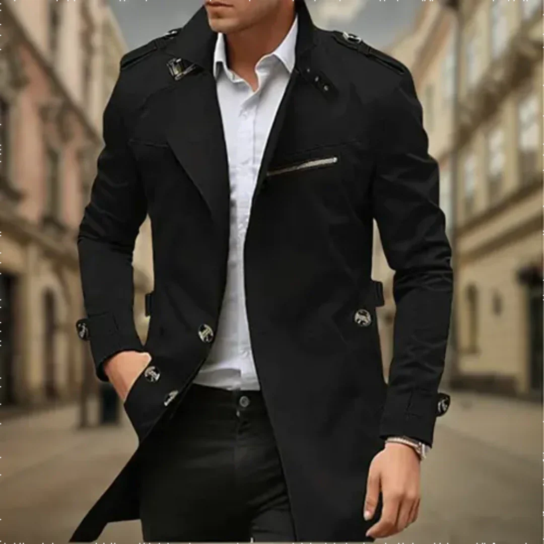 Men's slim-fit long coat elegant structured silhouette with discreet button closure for work