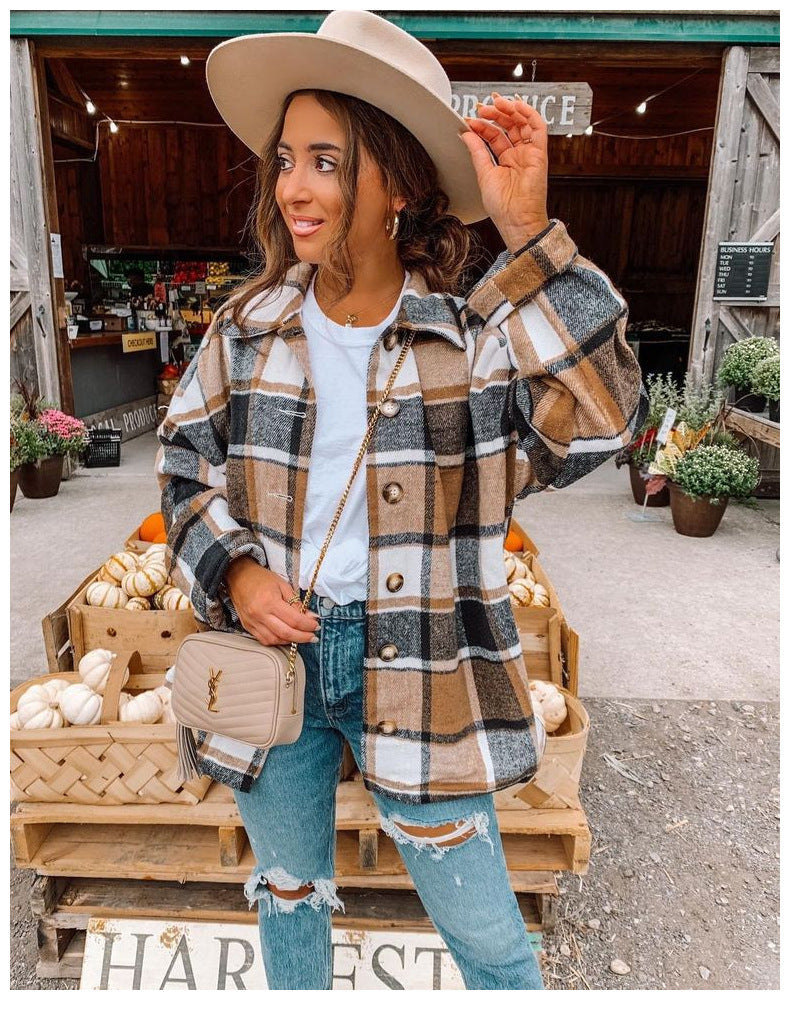 Women's relaxed fit wrap blouse flannel-like checkered pattern button front everyday top