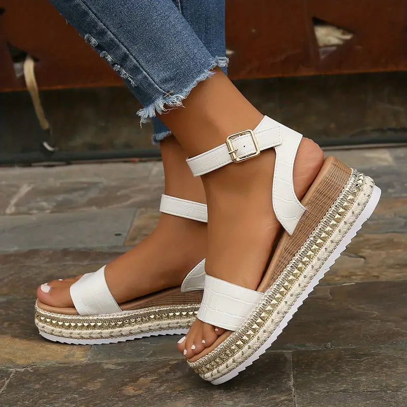 Women's platform strap sandals with adjustable ankle buckle, two-strap minimal silhouette lightweight