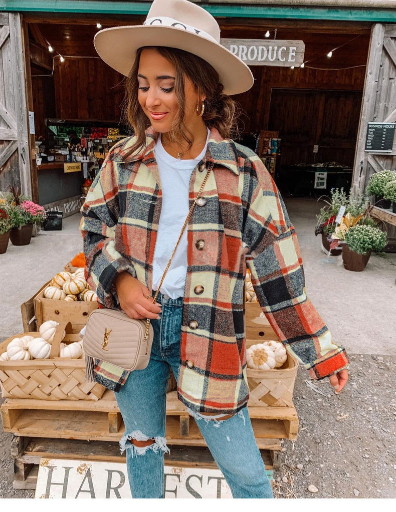 Women's relaxed fit wrap blouse flannel-like checkered pattern button front everyday top