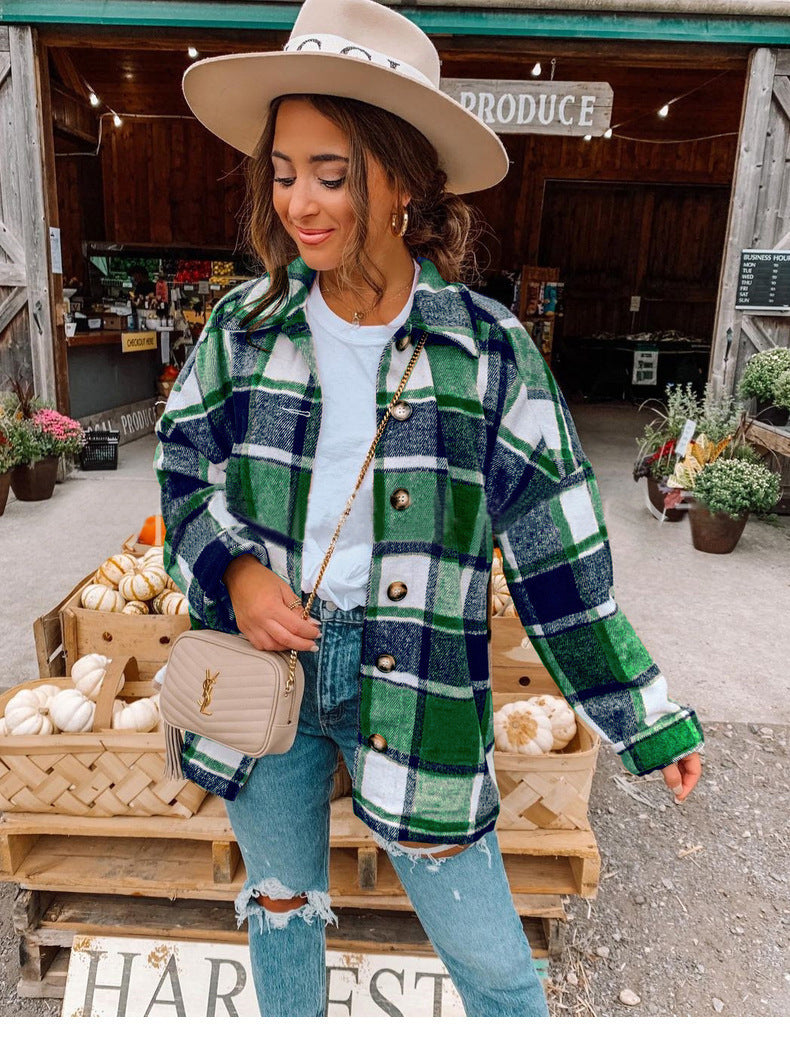 Women's relaxed fit wrap blouse flannel-like checkered pattern button front everyday top
