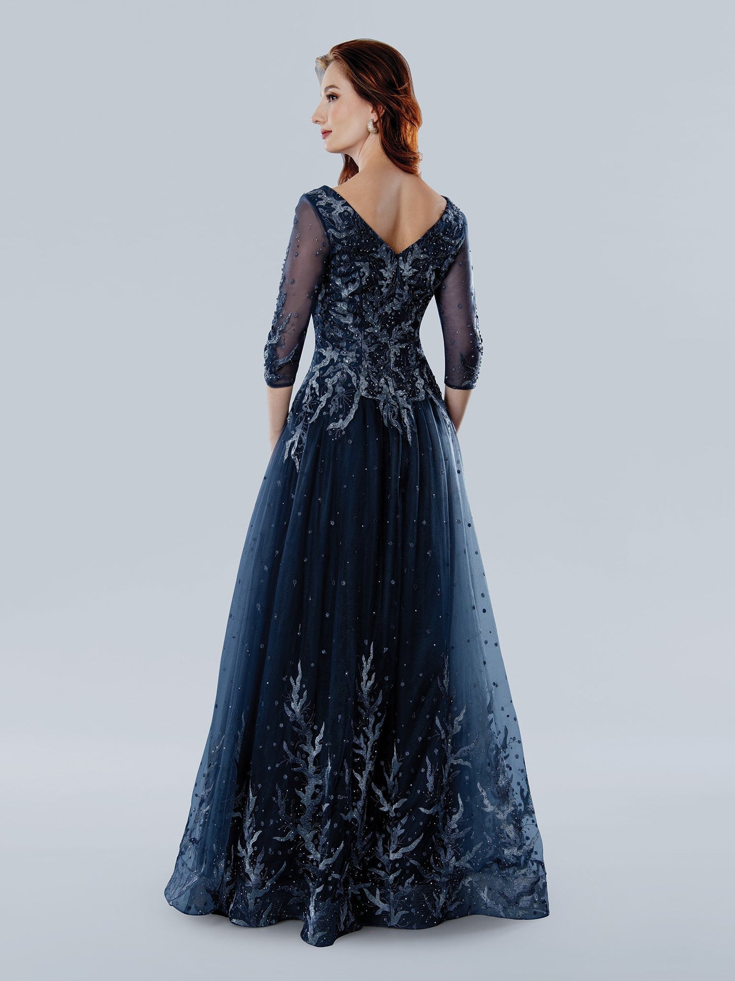 Stella Couture floral beaded tulle A-line mother of bride dress wide V-neck elegant long gown