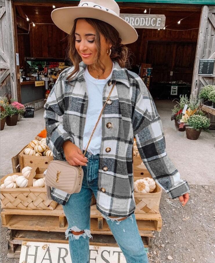 Women's relaxed fit wrap blouse flannel-like checkered pattern button front everyday top