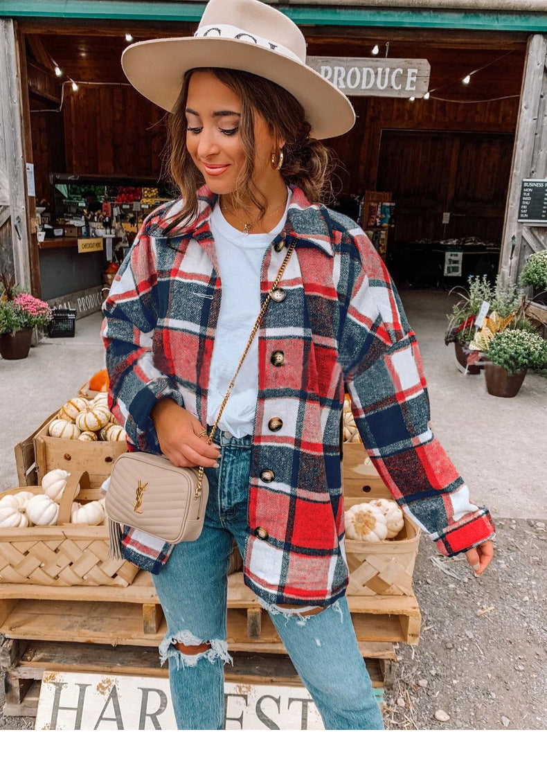Women's relaxed fit wrap blouse flannel-like checkered pattern button front everyday top