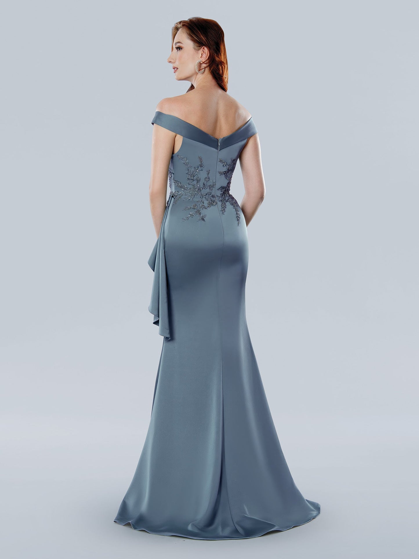 Stella Couture long beaded floral satin gown off-shoulder slim-flare silhouette formal evening dress