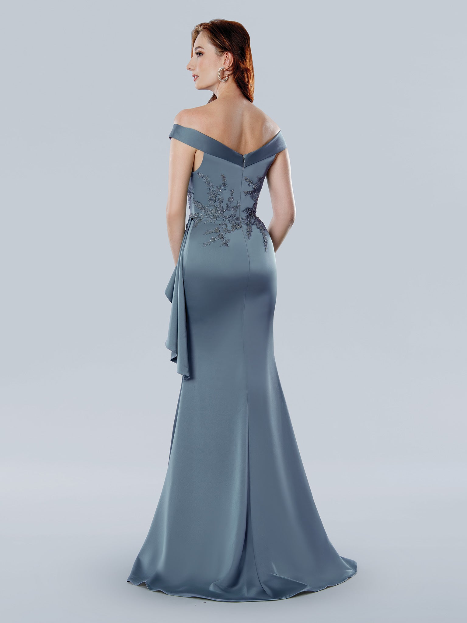 Stella Couture long beaded floral satin gown off-shoulder slim-flare silhouette formal evening dress