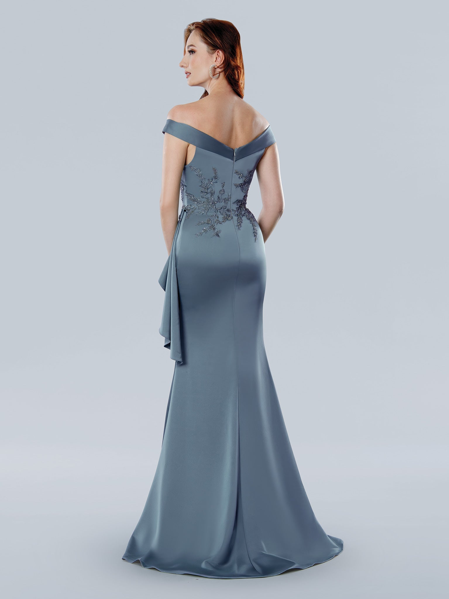 Stella Couture long beaded floral satin gown off-shoulder slim-flare silhouette formal evening dress