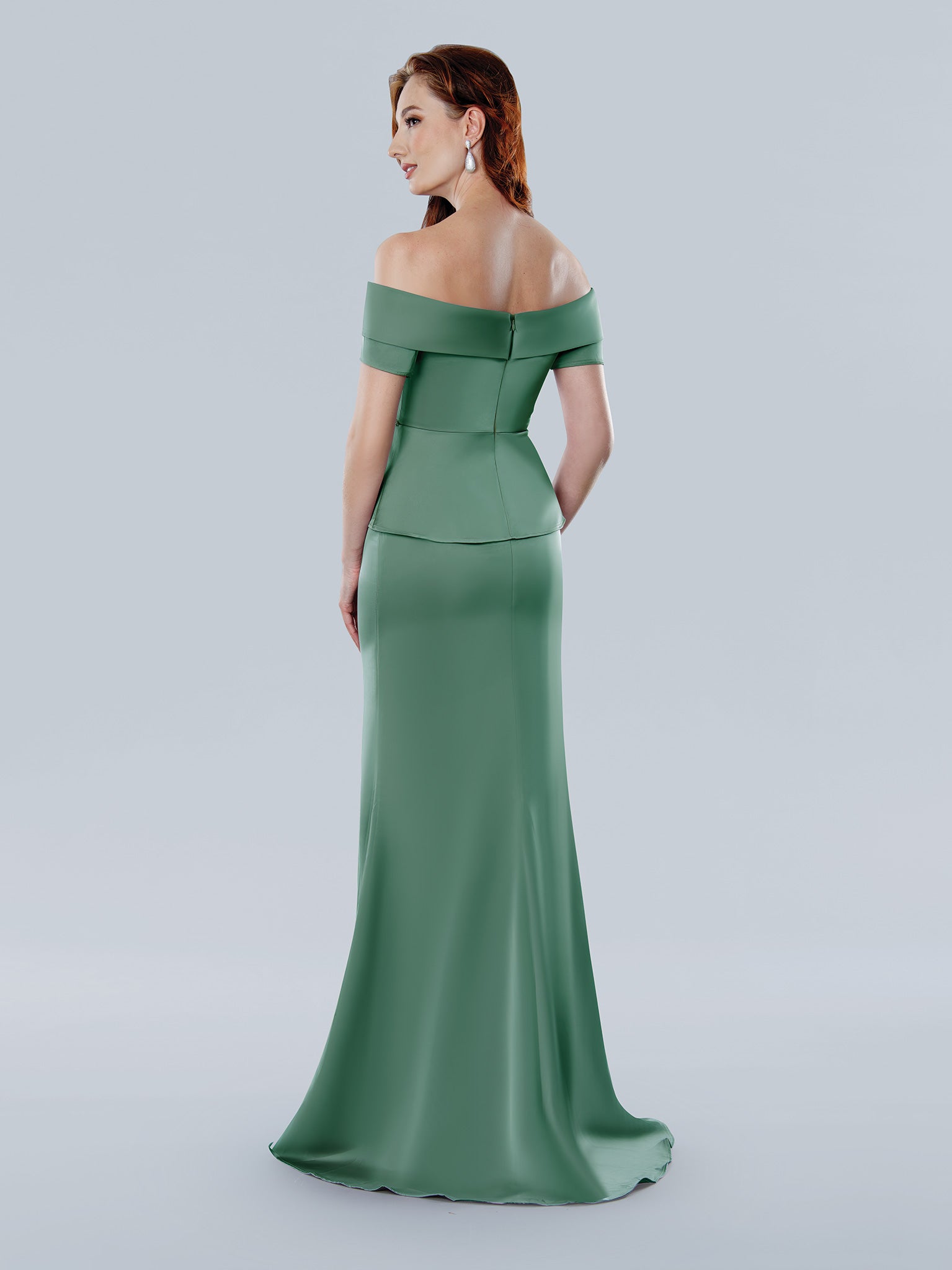 Stella Couture beaded satin evening gown off-shoulder floral peplum formal dress elegant women