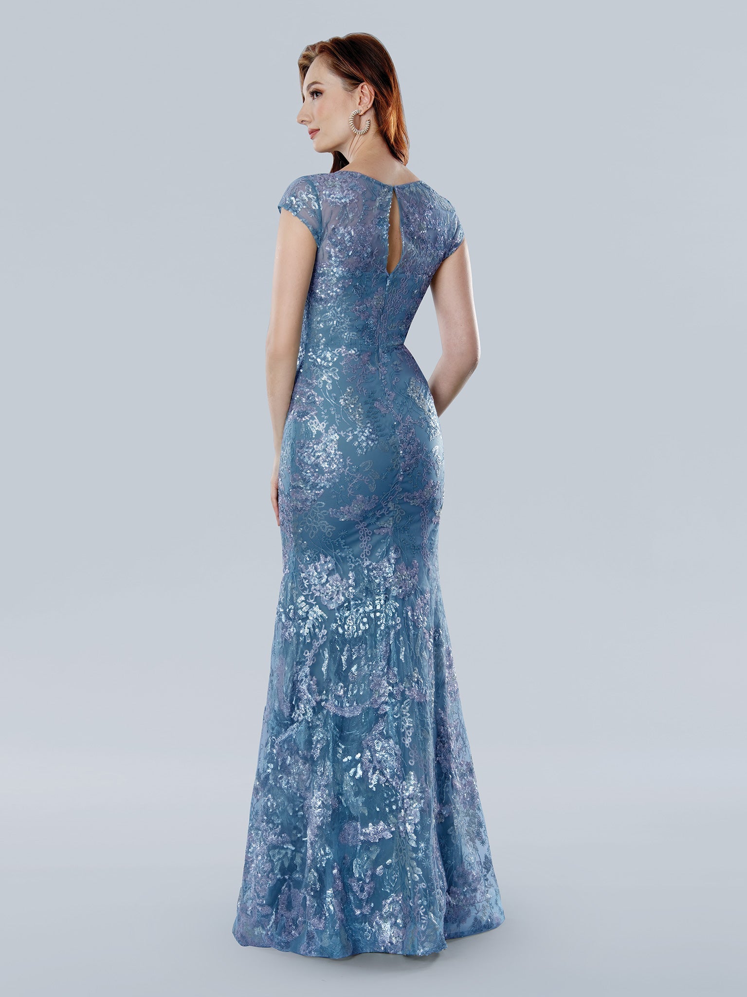 Stella Couture floral long mother of bride dress with sequin embroidery, illusion neckline, keyhole back
