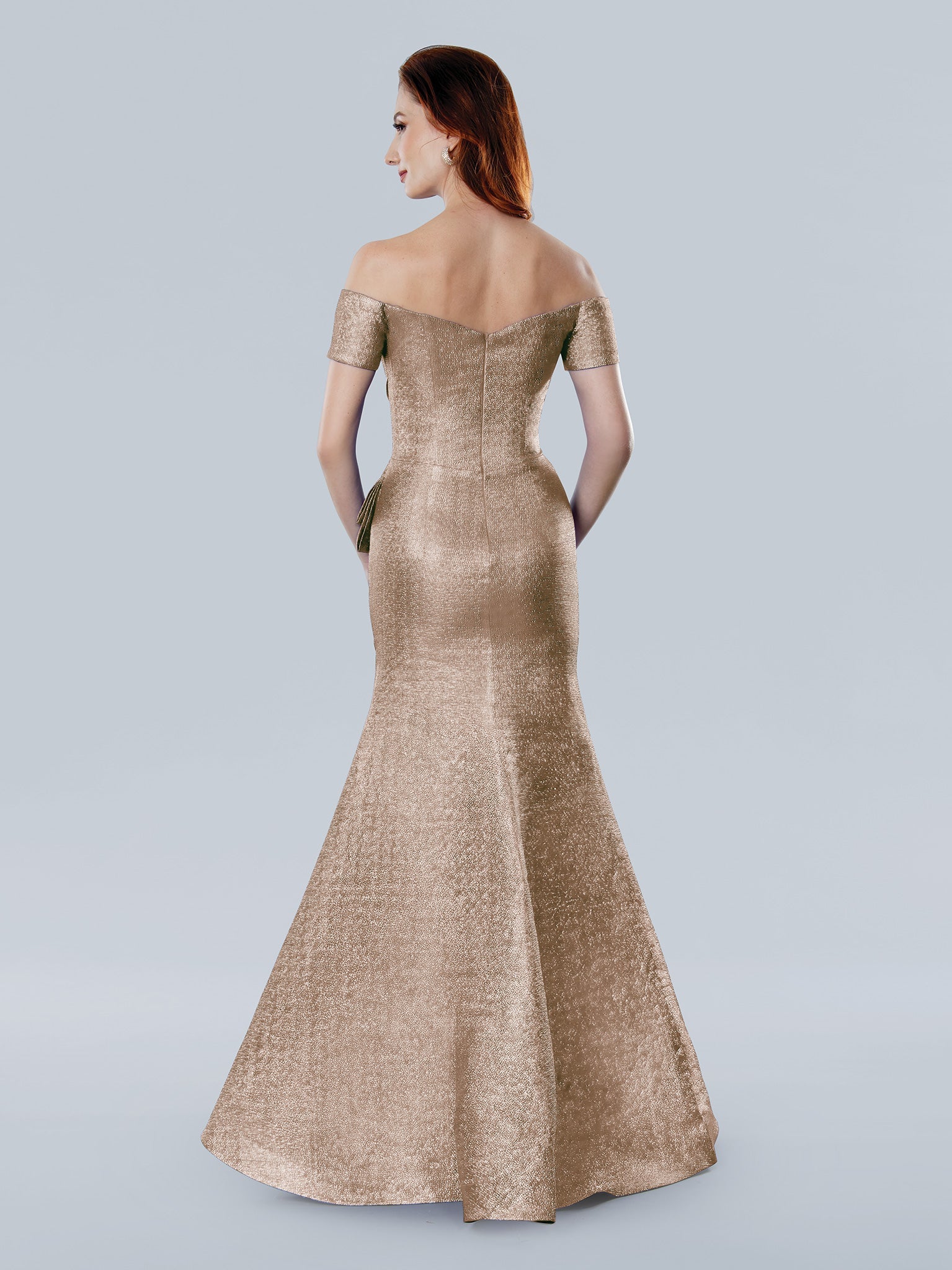 Metallic brocade mermaid evening gown off-shoulder pleated bodice side bow formal dress