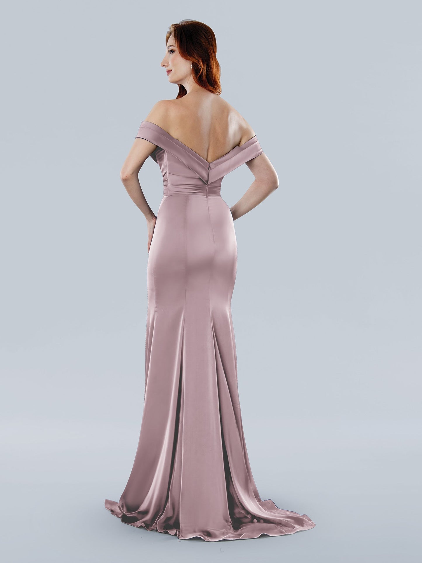 Stella Couture 25335 off-shoulder satin evening gown with beaded sweetheart neckline and pleated silhouette