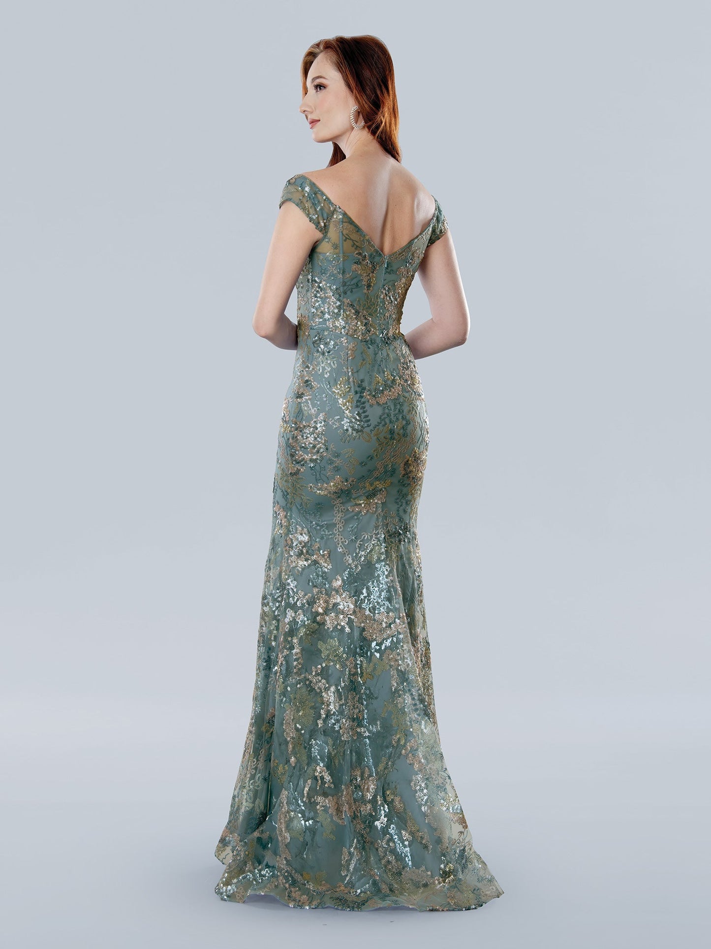 Long floral sequin fit-and-flare mother of the bride gown with V-neck and cap sleeves