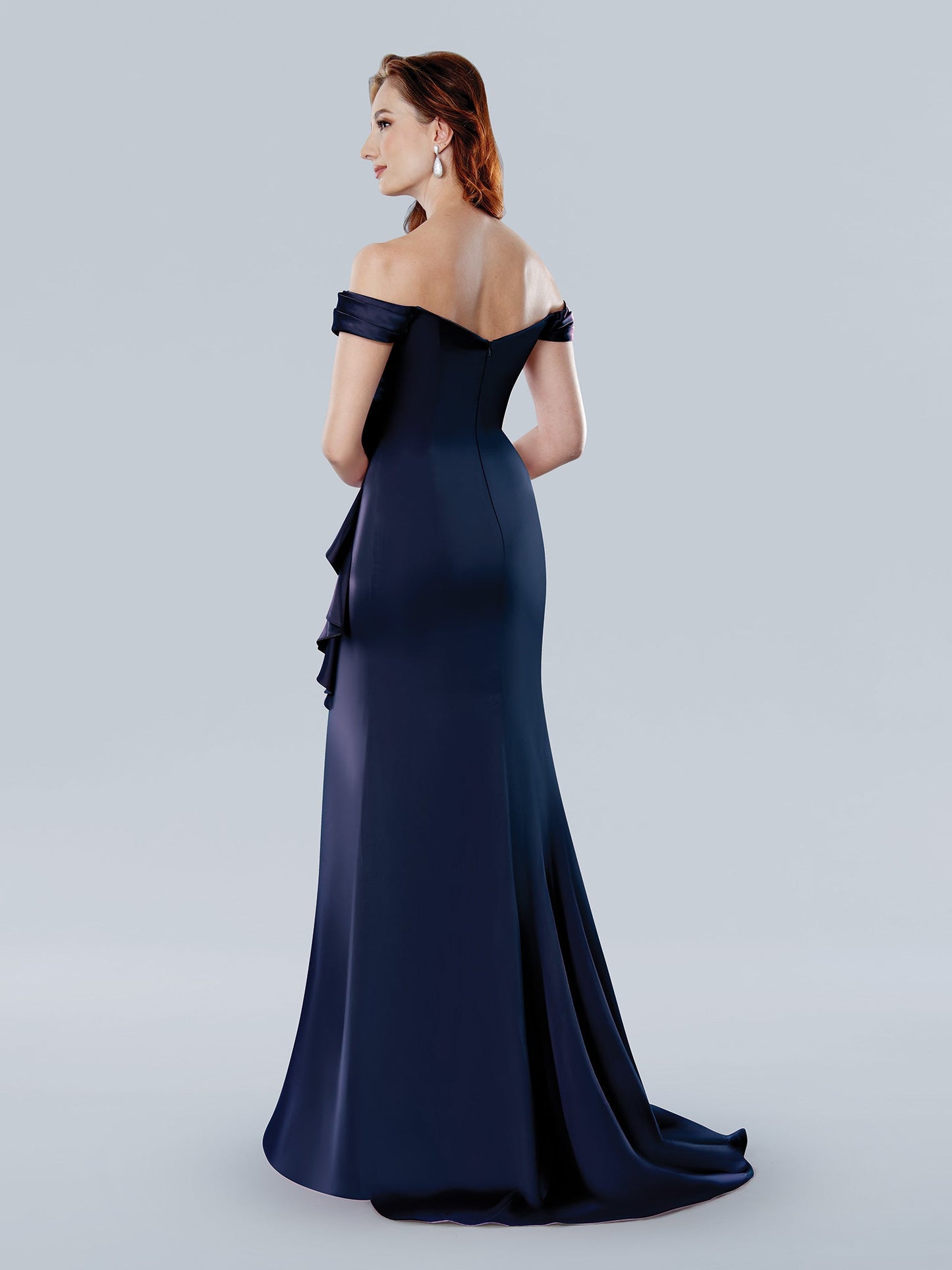 Satin off-shoulder evening gown with draped sweetheart bodice, slim-flare silhouette and ruffle slit