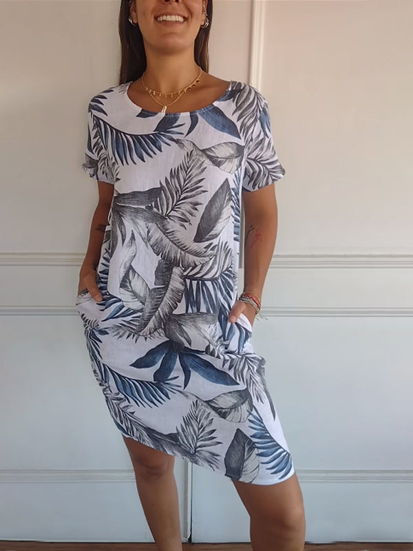 Women's relaxed-fit short sleeve dress with botanical print and side pockets for everyday comfort