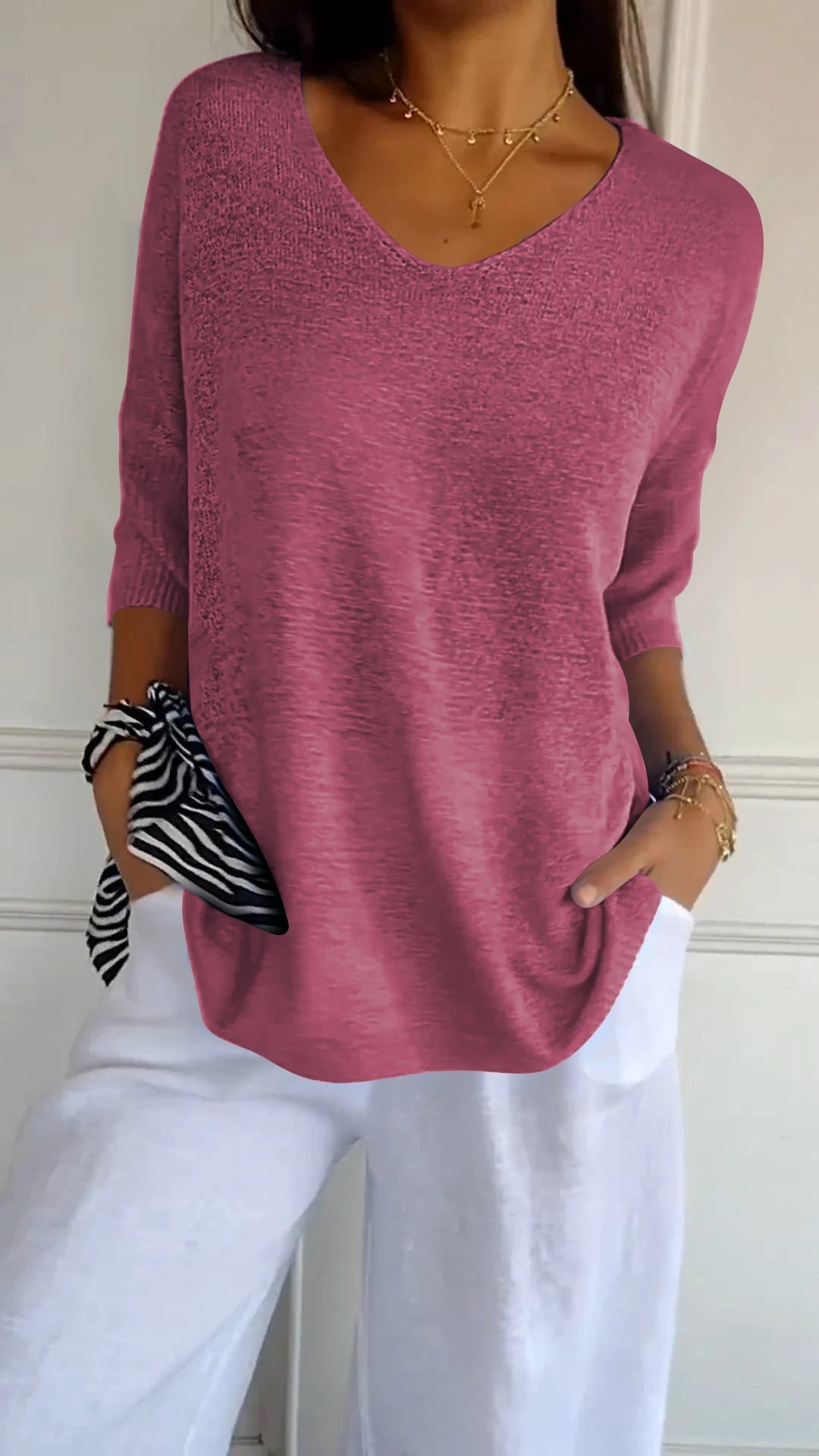 Alice women's longline loose fit tunic top in casual style with flattering V-neck drape over leggings