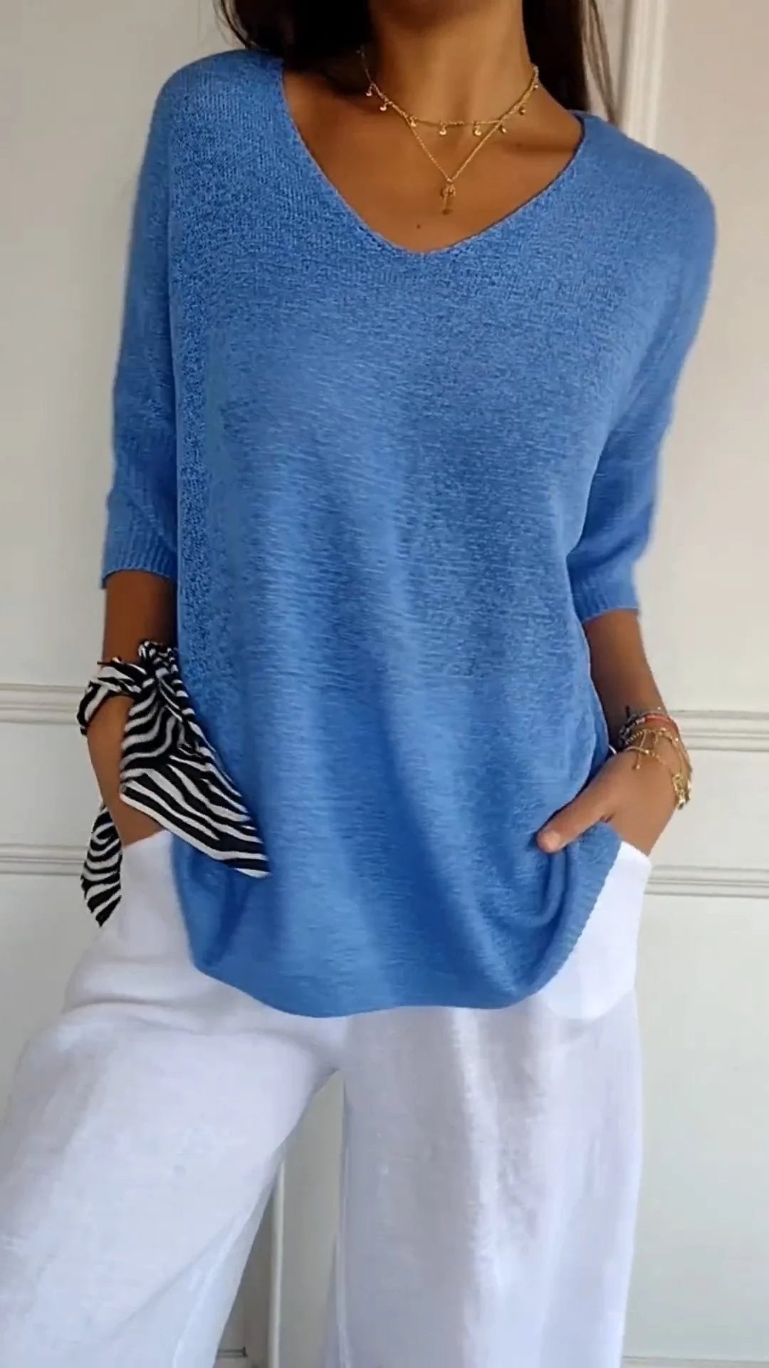 Alice women's longline loose fit tunic top in casual style with flattering V-neck drape over leggings