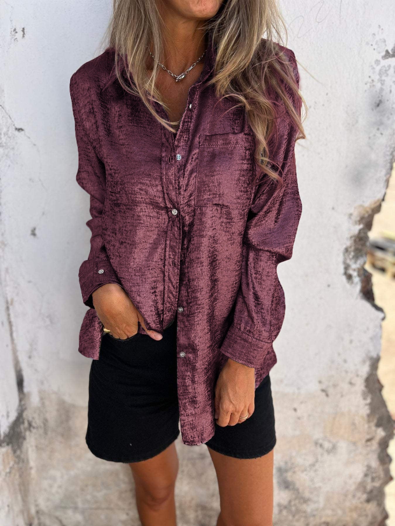 Unisex suede lapel shirt long sleeve casual top soft texture available in multiple colors