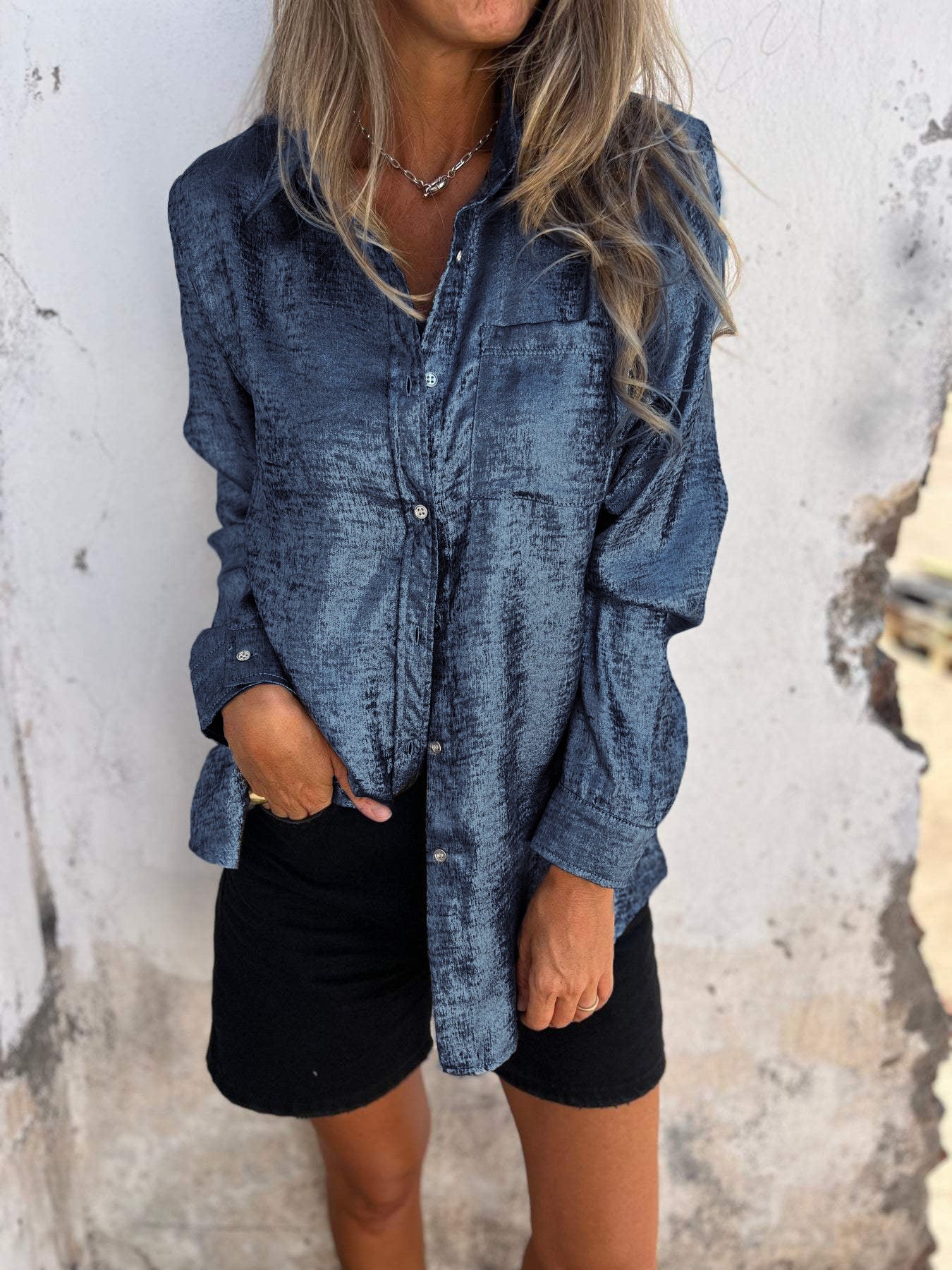 Unisex suede lapel shirt long sleeve casual fashion top soft texture in multiple colors