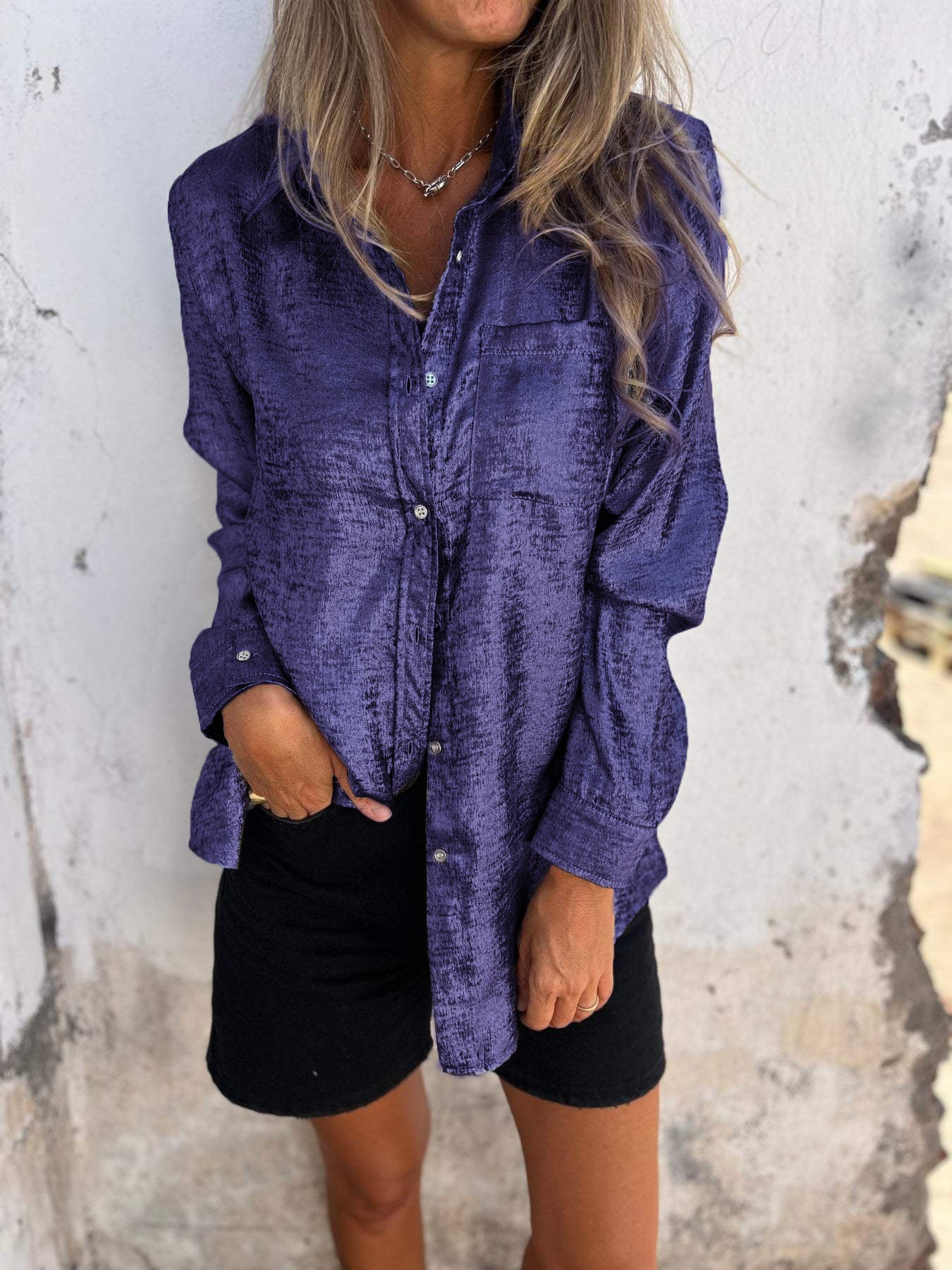 Soft suede lapel shirt unisex casual long sleeve top with smooth draping texture
