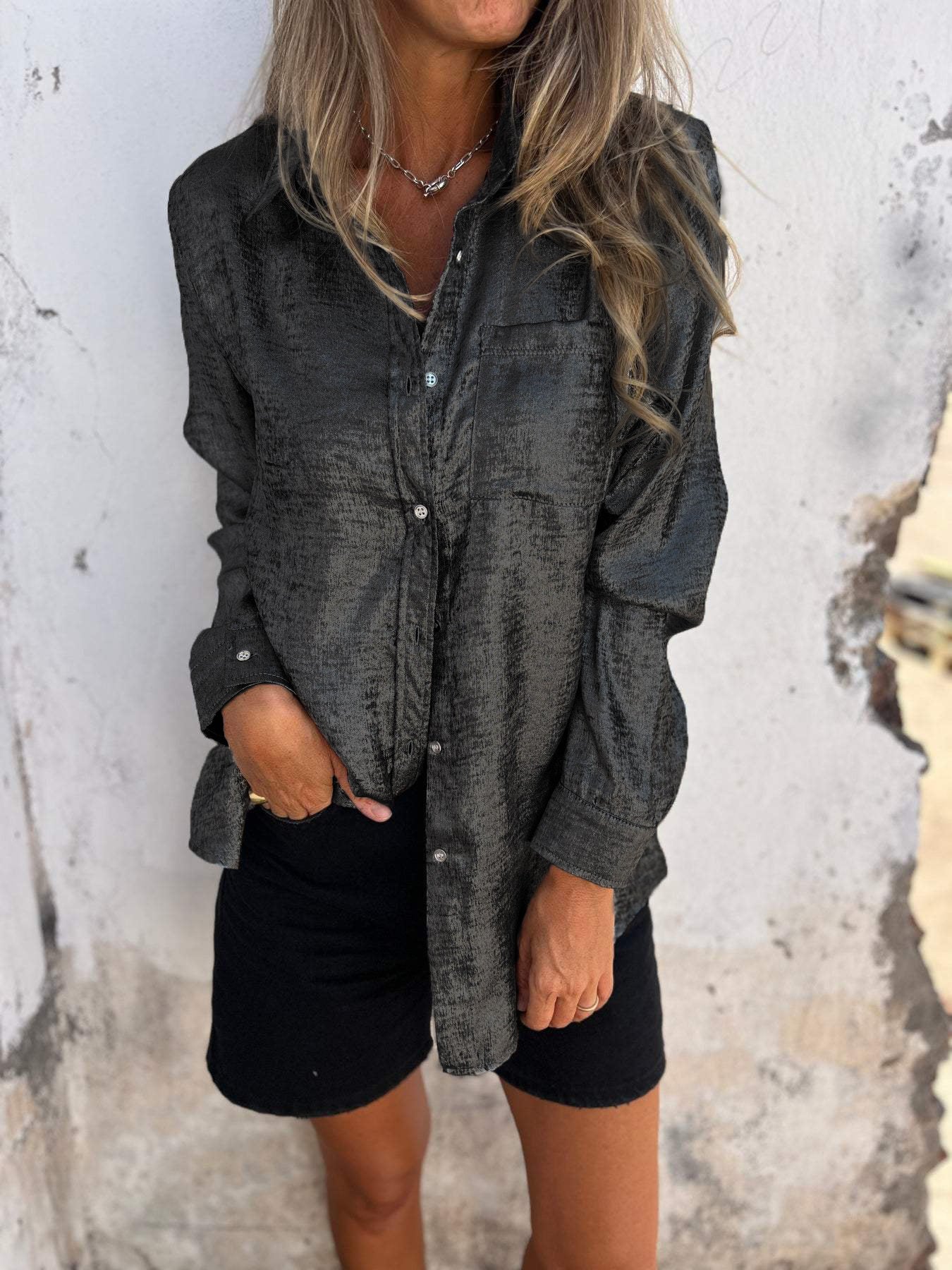 Soft suede lapel shirt unisex casual long sleeve top with smooth drape texture