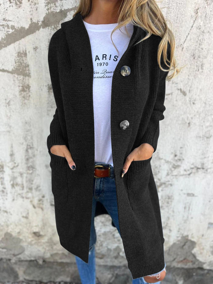 Women's ribbed knit hooded long cardigan relaxed fit with front buttons and pockets casual layer