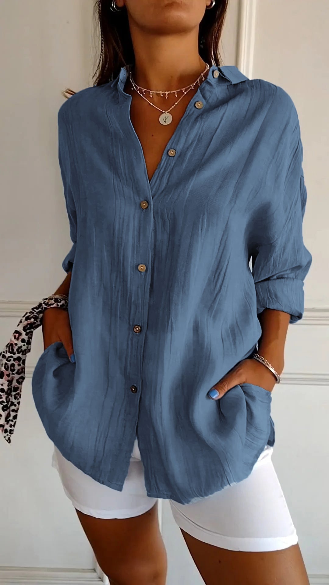Women's cotton single-breasted casual shirt with pleated lapel, midi sleeves, multi-color, spring-summer