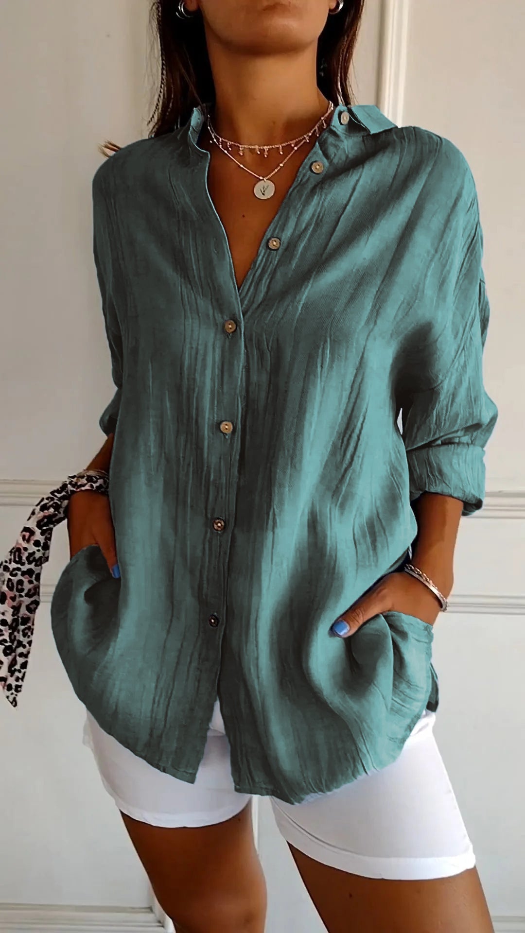Women's single-breasted cotton casual shirt pleated lapel midi sleeve multi-color breathable spring