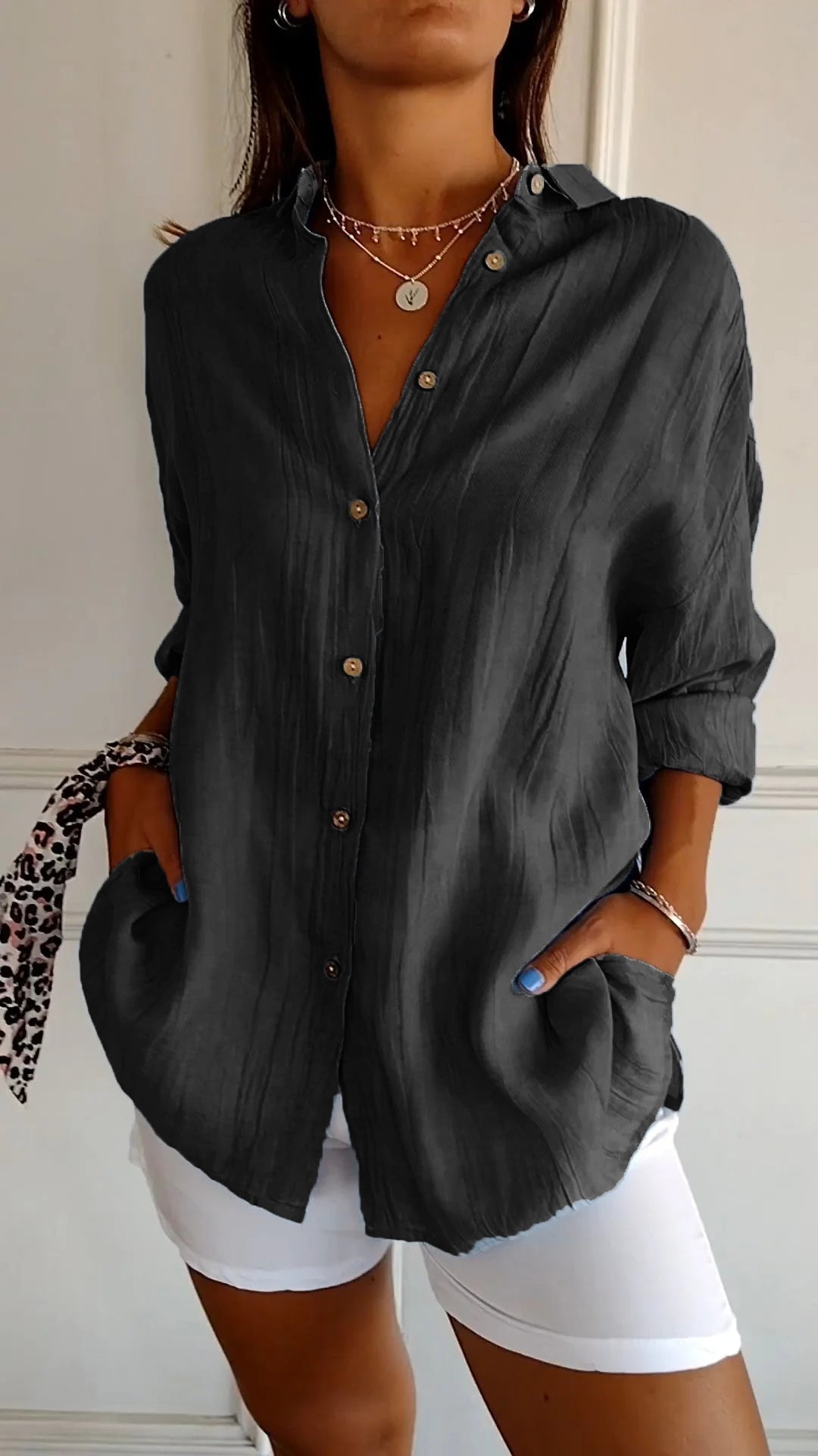 Women's single-breasted cotton casual shirt pleated lapel midi sleeve multicolor spring summer
