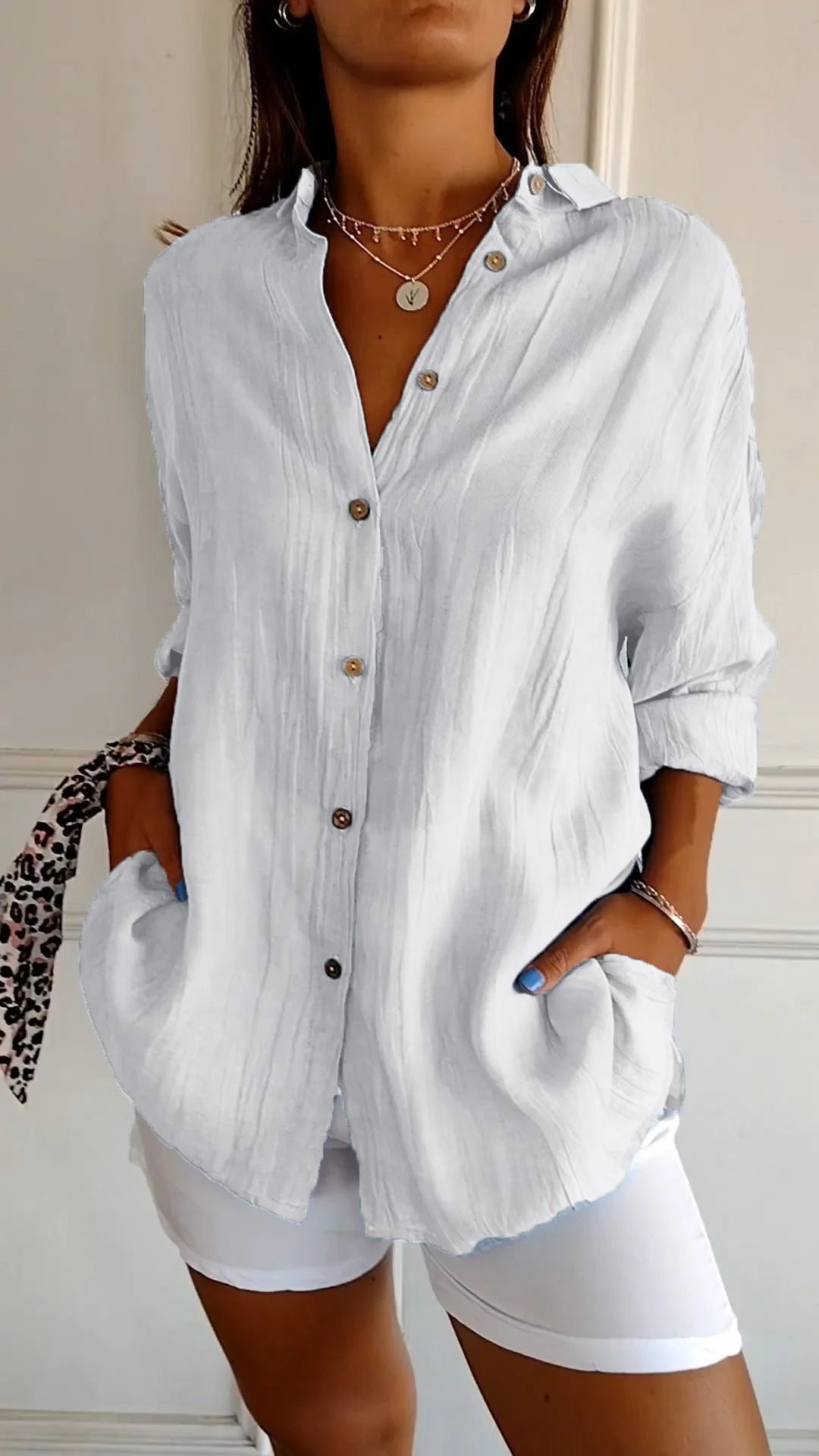 Women's cotton single-breasted casual shirt with pleated lapel, midi sleeves, multi-color options