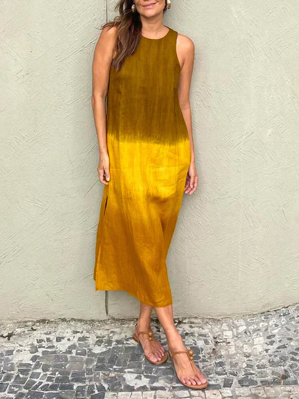 Victoria tie-dye midi dress in ombré gradient hues, sleeveless boho silhouette with effortless earthy elegance