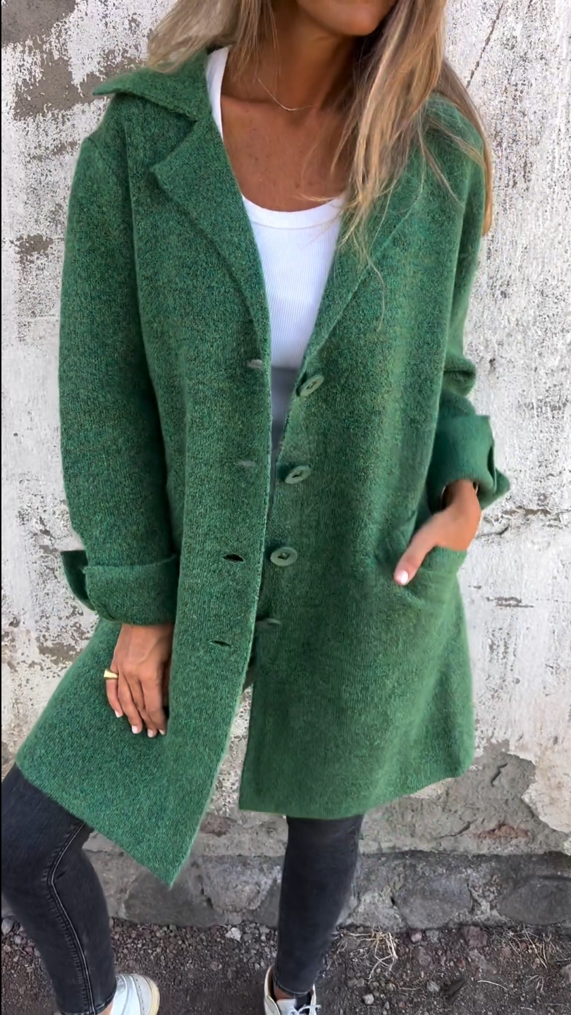 Women's relaxed-fit long coat with lapel collar, versatile casual outerwear in black, pink, brown or green