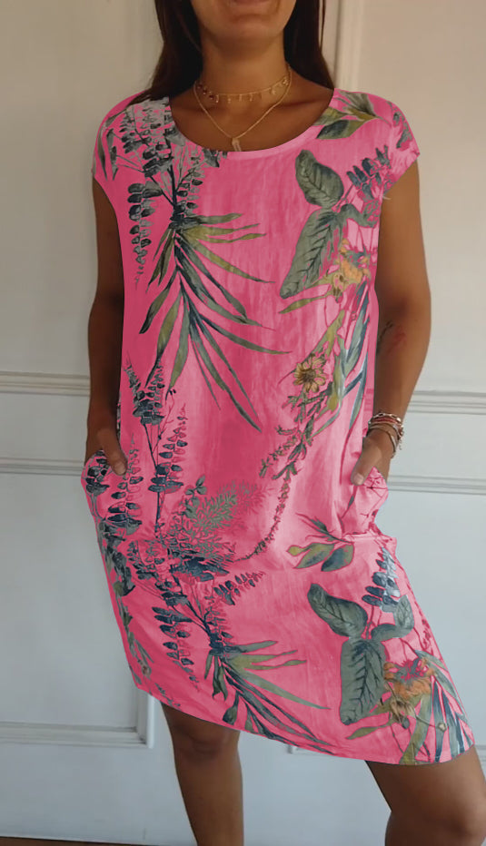 Women's relaxed-fit short sleeve botanical print dress with side pockets for everyday comfort