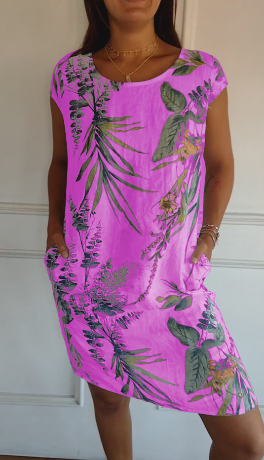 Women's relaxed-fit short sleeve botanical print dress with side pockets for everyday summer comfort