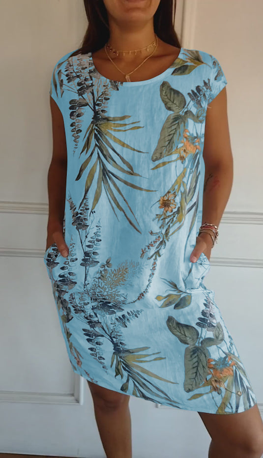 Women's relaxed-fit short sleeve botanical print dress with side pockets for everyday summer comfort