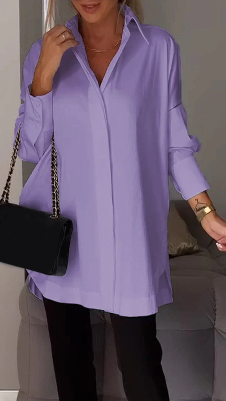 White cotton lapel shirt women long sleeve casual slit top breathable everyday wear