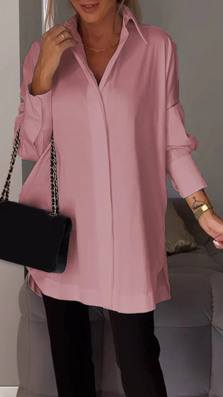 White cotton lapel slit shirt women long sleeve casual breathable everyday top with side slit