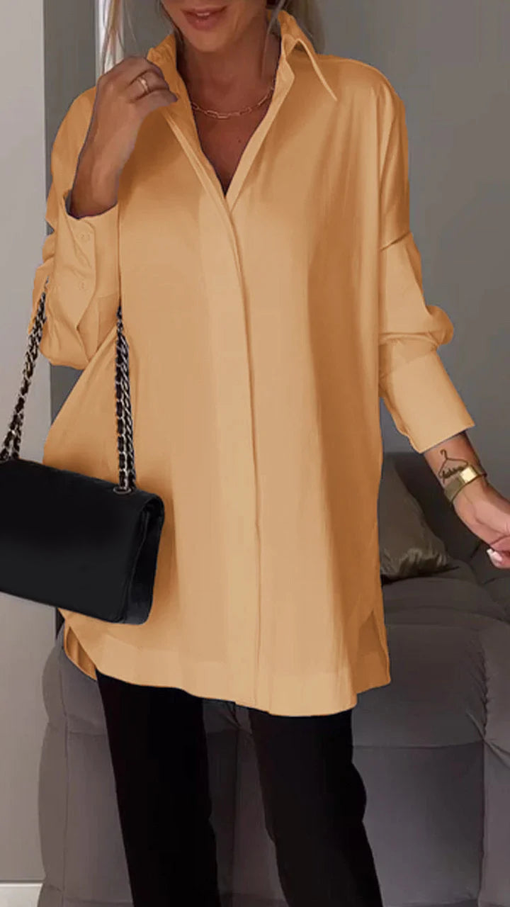 White cotton lapel collar long sleeve casual shirt with side slit, breathable everyday top