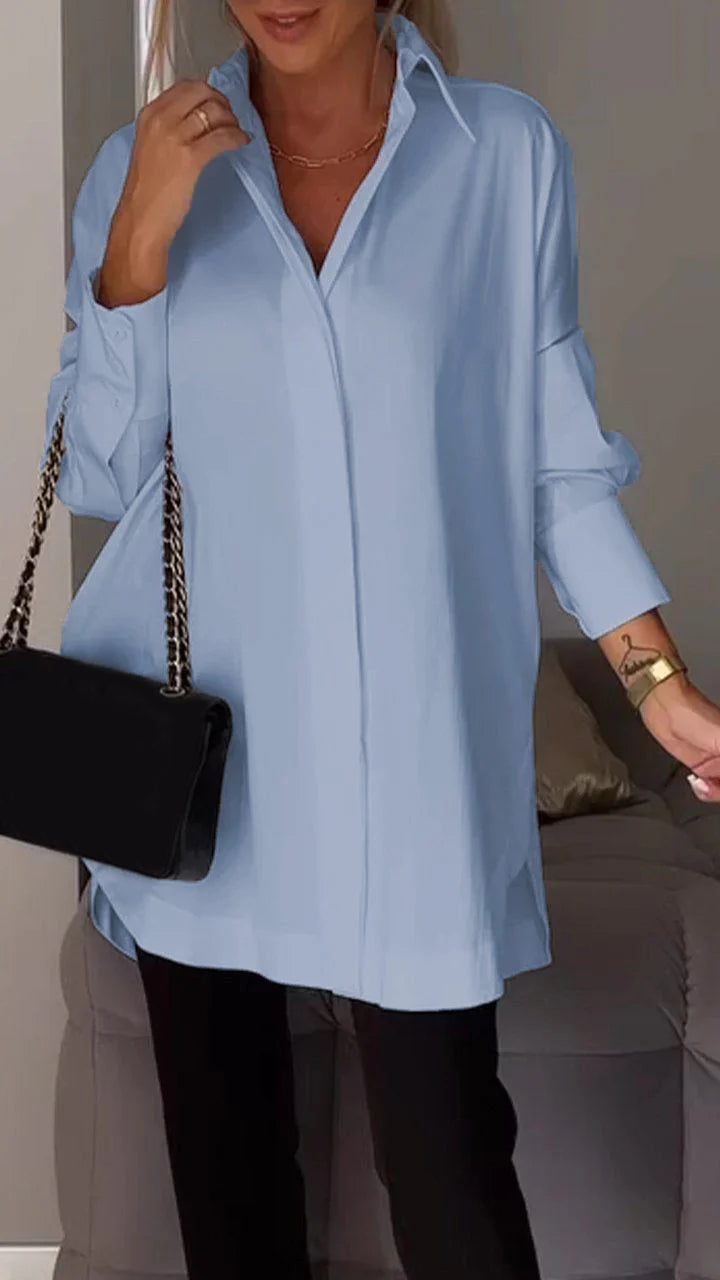 White cotton lapel slit shirt women long sleeve casual breathable top with polished neckline