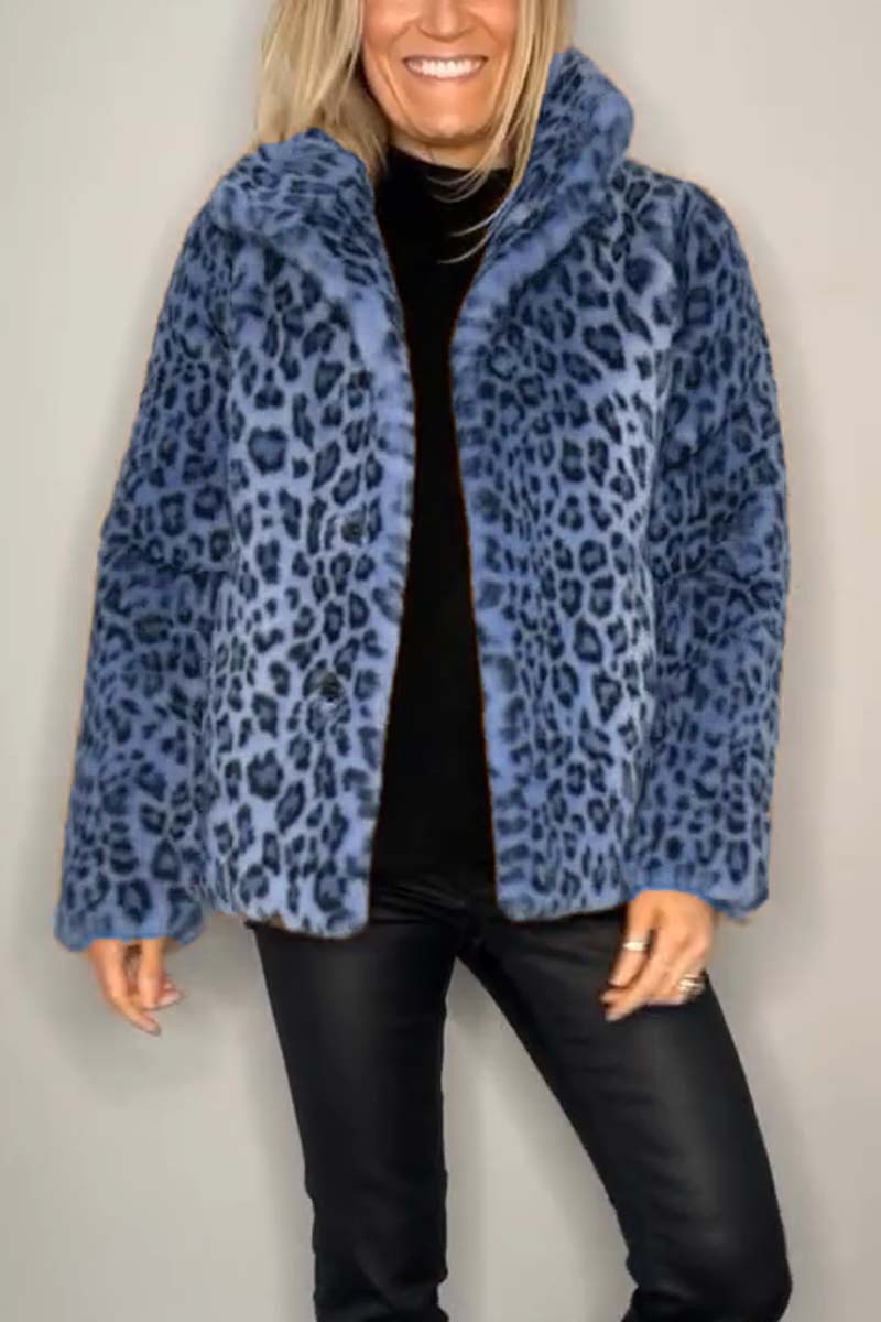 Women's short faux fur coat with leopard print collar, cozy cotton-blend winter outerwear in neutral tone