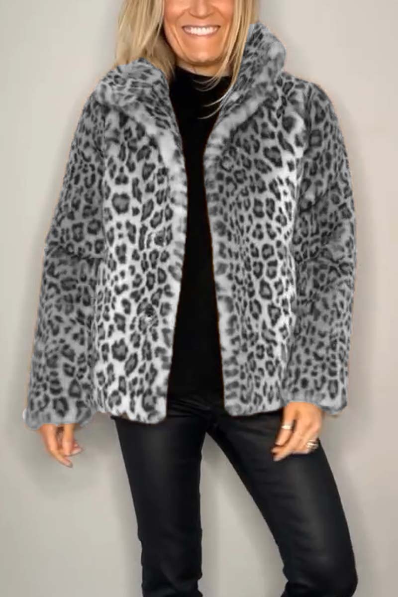 Women's casual short coat cotton blend plain with chic leopard print faux fur collar winter outerwear