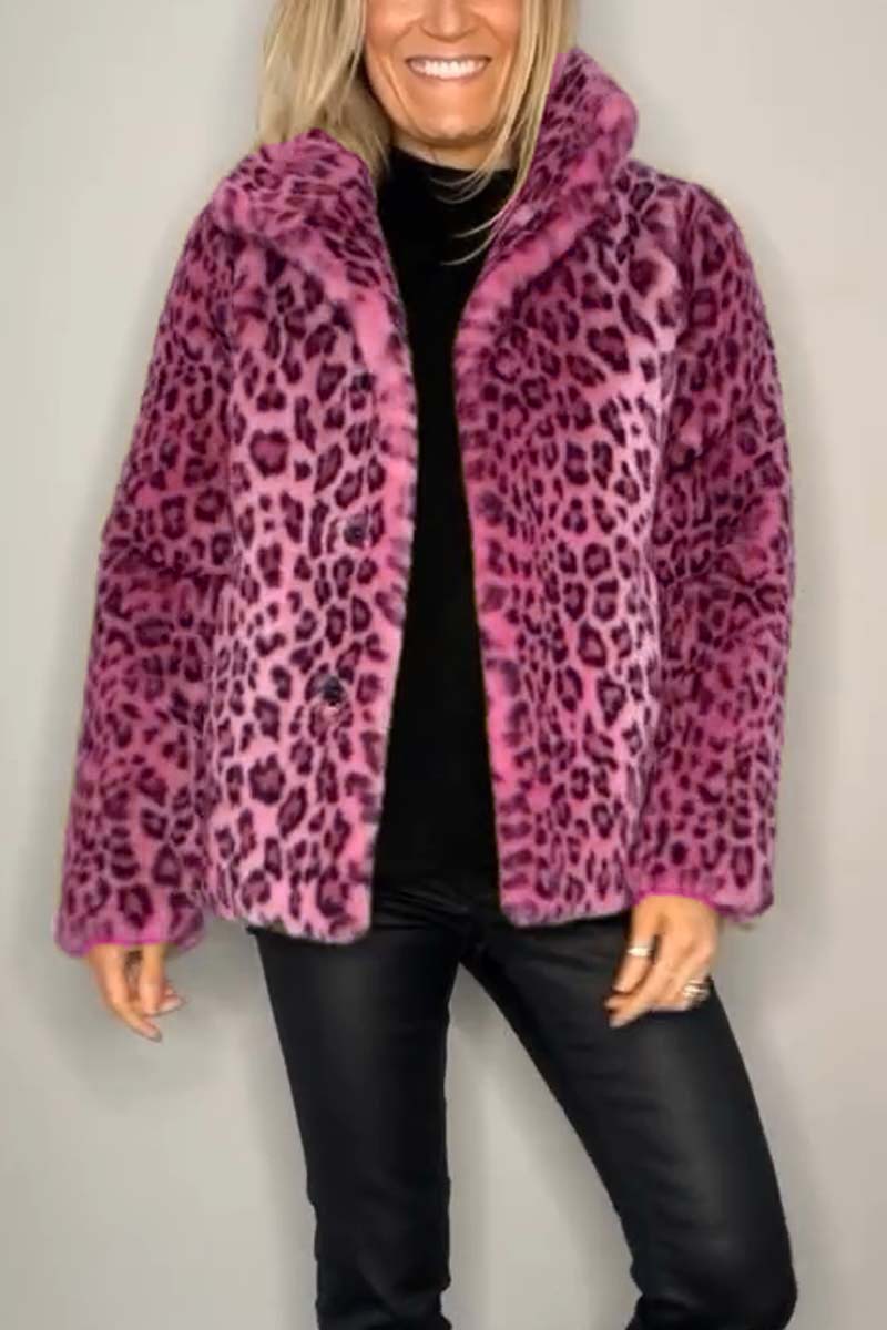 Women's short faux fur coat with leopard print collar, cozy cotton-blend winter outerwear in neutral tone