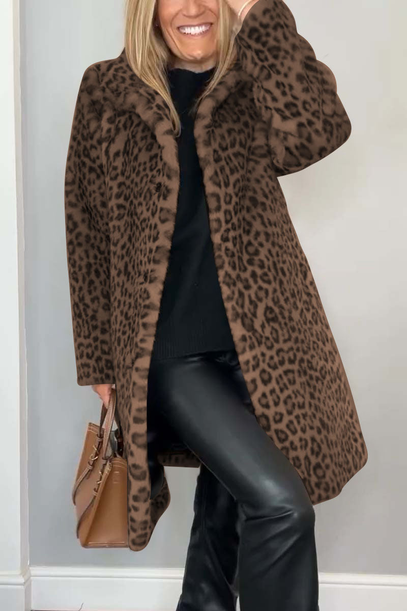 Women's leopard print faux fur mid-length coat with lapel collar, warm autumn-winter outerwear