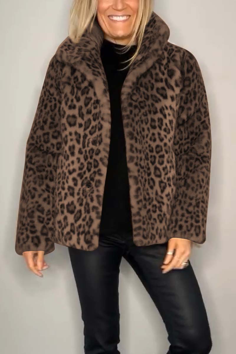 Women's short faux fur coat with leopard print collar, cozy cotton-blend winter outerwear